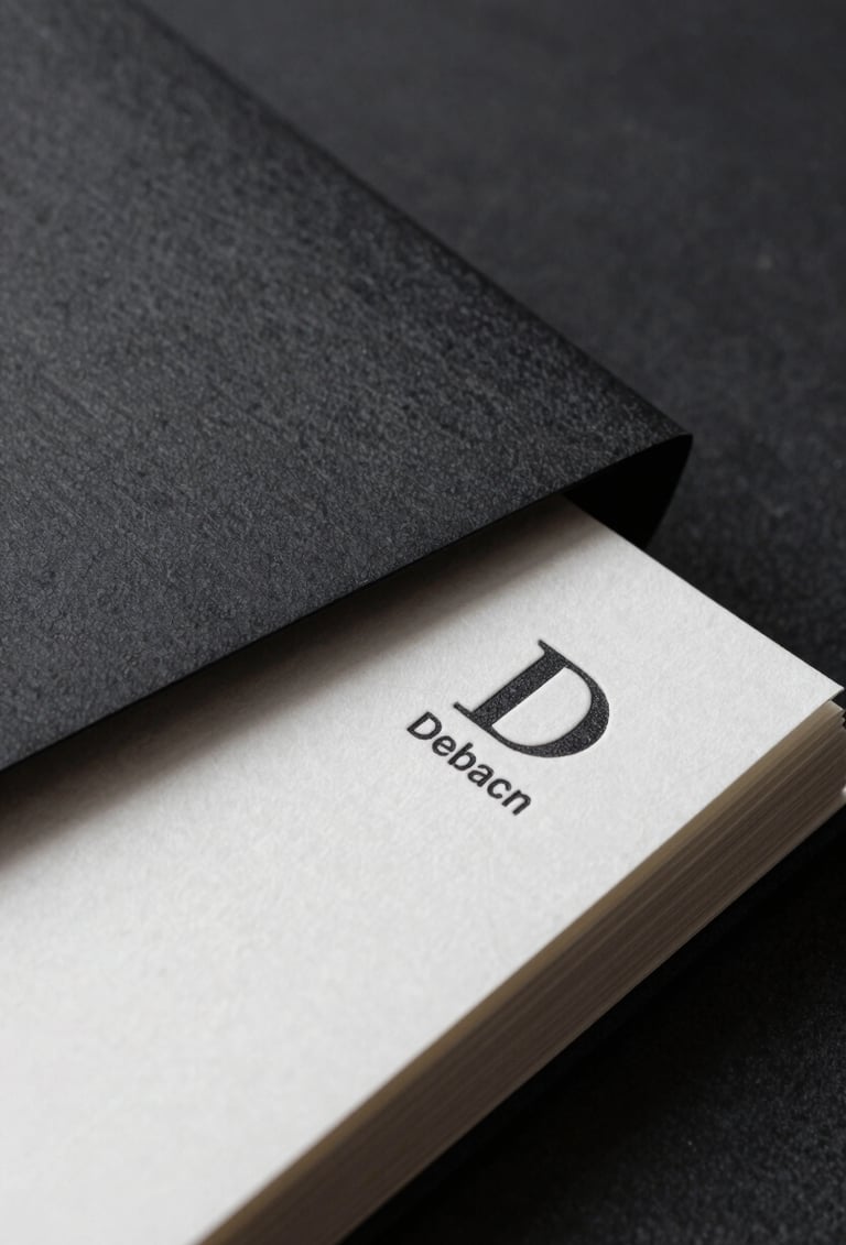 A deep charcoal black and pure white high-contrast close-up of premium textured stationery, showcasing a debossed logo on thick paper, sophisticated and professional.