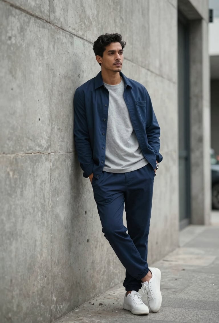 Full body shot of a stylish man leaning against a concrete wall in a South American urban environment, wearing modern streetwear in shades of dark blue and light gray, cinematic lighting.