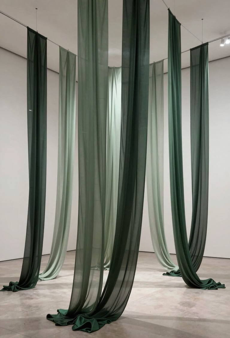 A wide-angle artistic photograph of a large-scale sculpture installation. Ethereal sheets of dark forest green and pale sage silk are suspended from the ceiling, creating a rhythmic, flowing pattern of organic shapes in a clean, off-white gallery space.