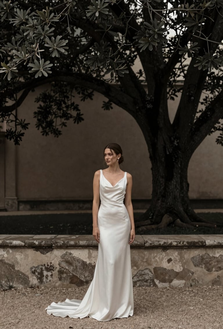A full-length vertical photograph of a bride standing in a North American / European classical garden. She wears a minimalist off-white silk gown. The background features dark charcoal shadows under large oak trees and muted taupe stone walls. The lighting is soft and diffused.