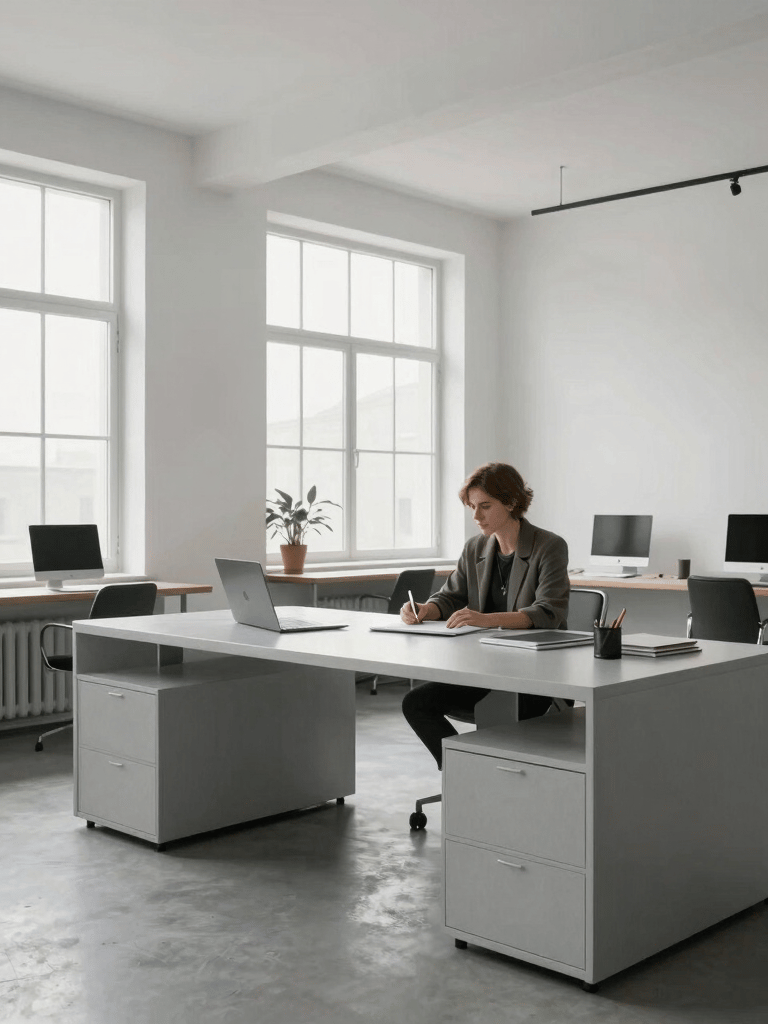 A wide-angle lifestyle shot of a professional creative working in a sleek, minimalist studio filled with natural light. The environment features light gray furniture and large windows. The composition is balanced and clean, embodying an International / Professional style.