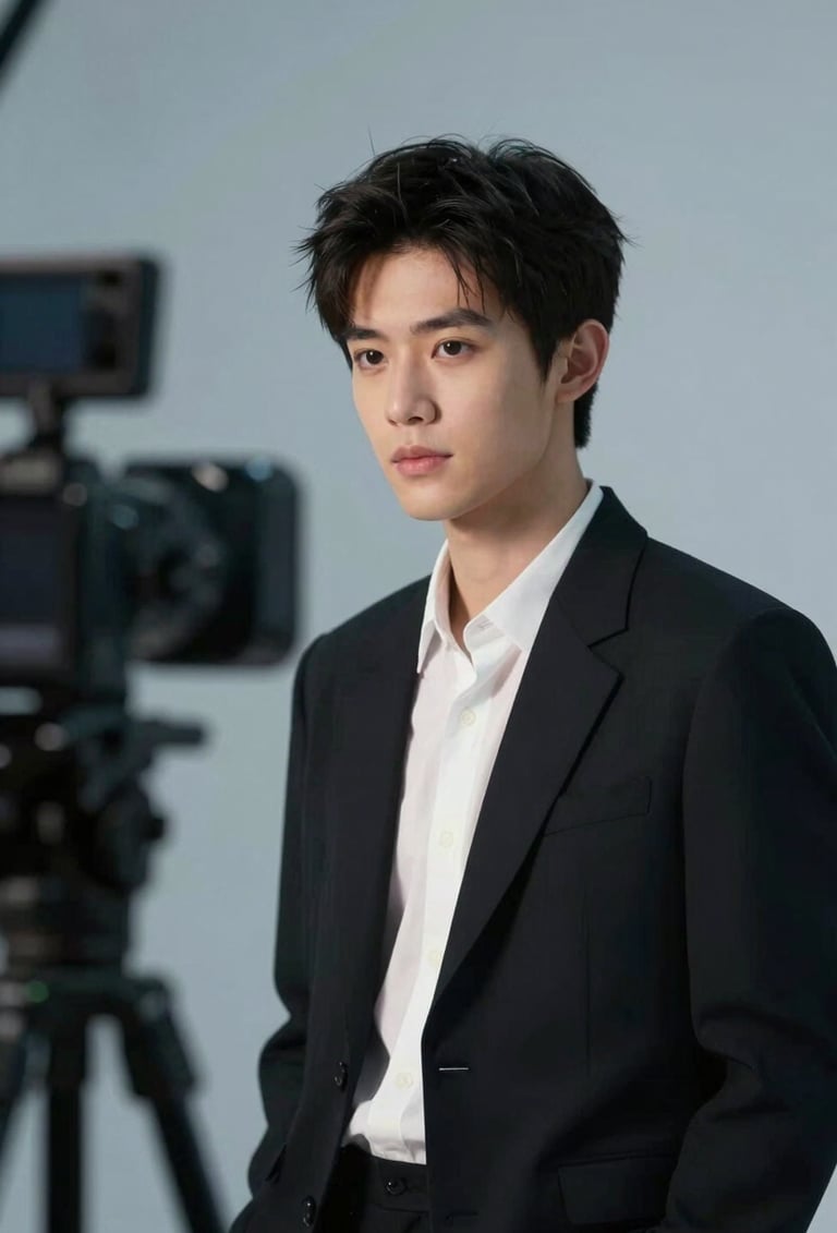 Un actor joven y talentoso durante una prueba de c3mara en un estudio profesional. Iluminaci3n cinematogr3fica suave, fondo neutro elegante con sombras art3sticas. El estilo es fashion y profesional, incorporando sutilmente tonos #74A8AE en la ambientaci3n.