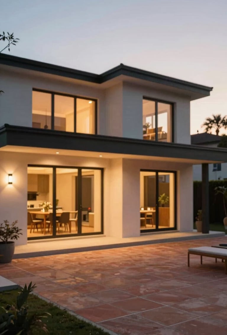 A candid exterior shot of a contemporary home extension at golden hour. The warm glow of the interior lights contrasts with the twilight, highlighting a terrace with terracotta #B85C3D tiles and charcoal #2F4F4F frames.