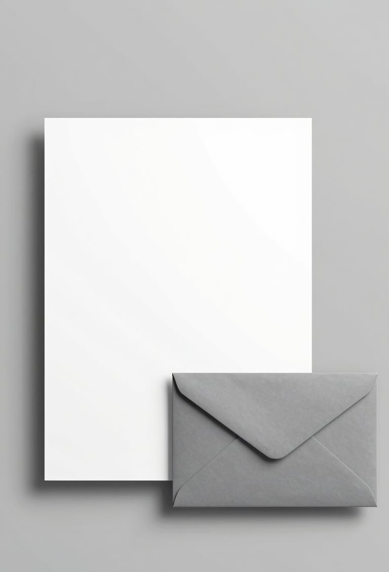 A minimalist composition of brand assets including a letterhead and envelope. The scene is shot from above with a clean, studio lighting. The aesthetic is refined and meticulous, featuring colors #A0A696 and #F8F8F4 in a professional layout.
