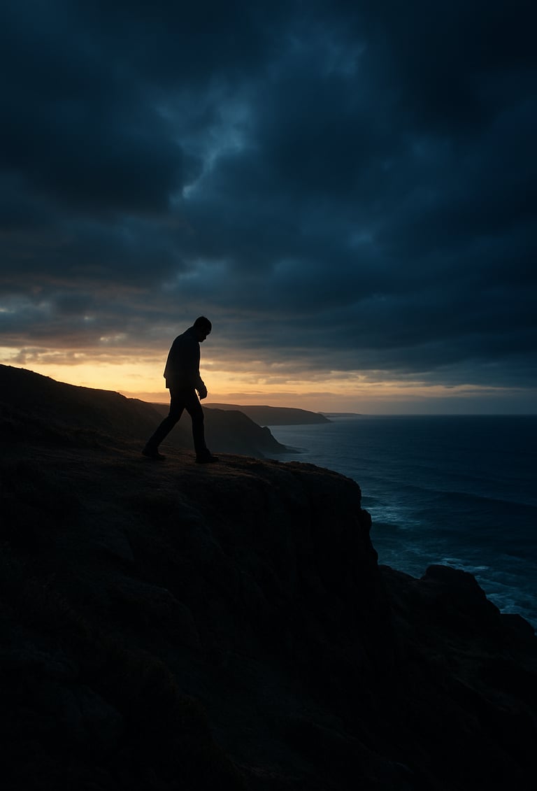 A dramatic landscape shot of a lone figure walking across a coastal cliff at dusk, cinematic low-angle composition, North American / International setting, atmospheric blue and gold lighting.