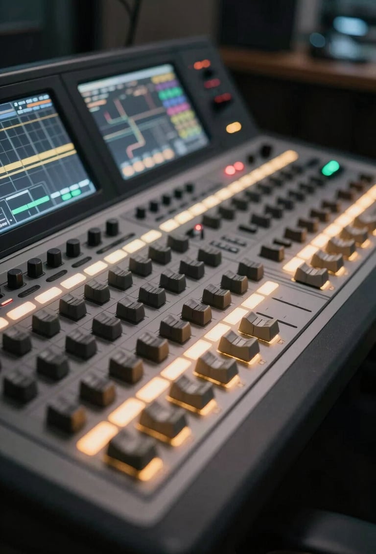 A close-up of a high-tech video editing console with backlit keys in a dark, sophisticated room. The atmosphere is professional and modern with subtle off-white and golden ambient lighting. Global / Western.