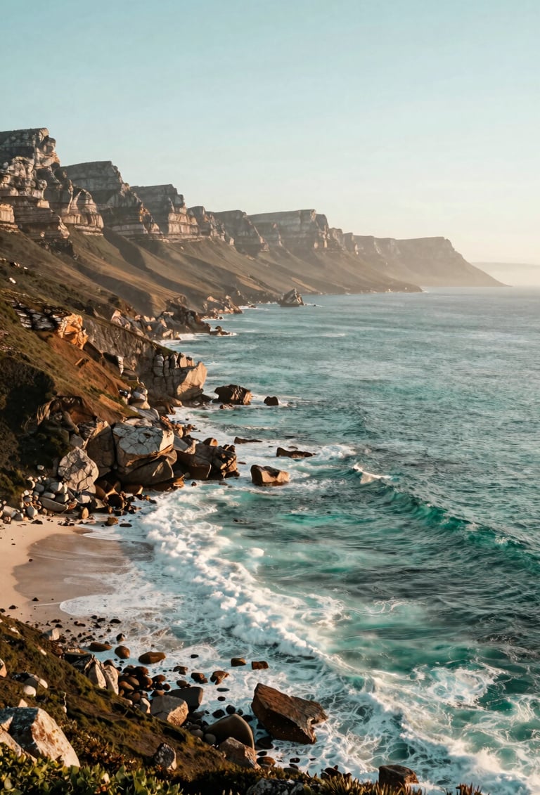 A wide-angle landscape shot of the South African coastline near Cape Town, dramatic cliffs meeting the turquoise ocean, soft afternoon light, Pale Aqua and Muted Seafoam color palette.