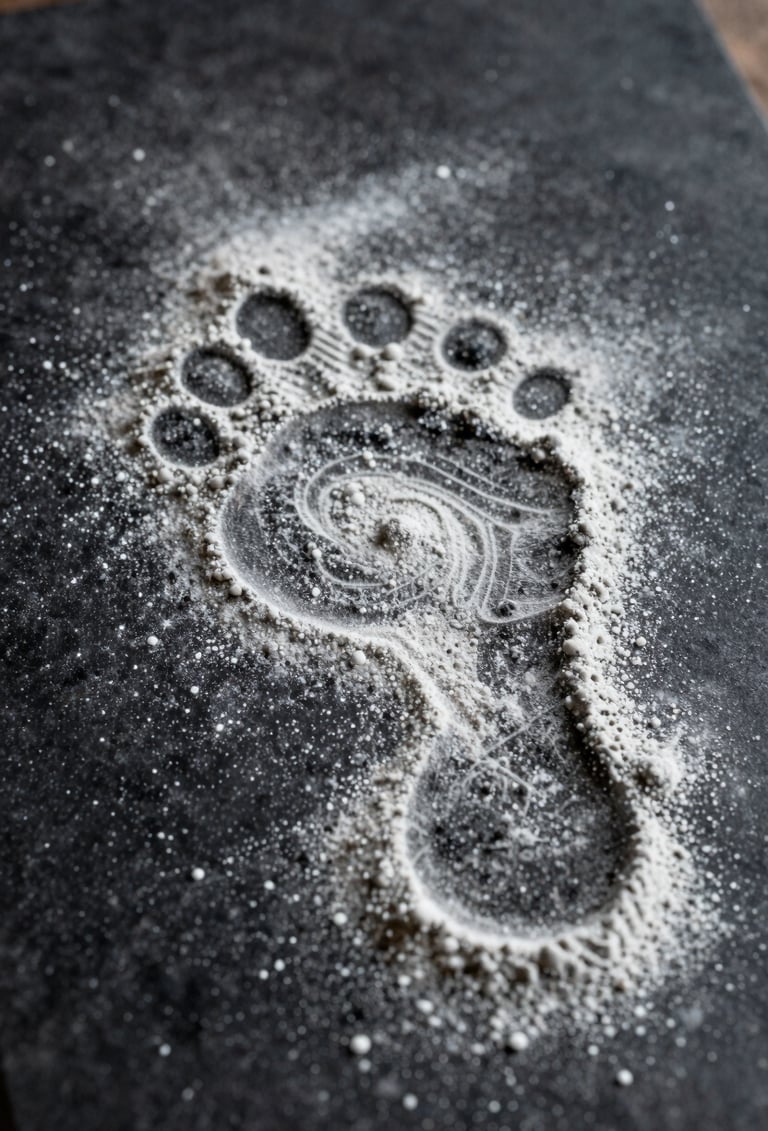 A close-up, experimental photograph of a dark charcoal surface covered in fine white dust. The dust is vibrating into a complex Chladni pattern, resembling the interaction of bosons. The composition is cinematic with a shallow depth of field, highlighting the tactile texture of the frequency-driven footprint.