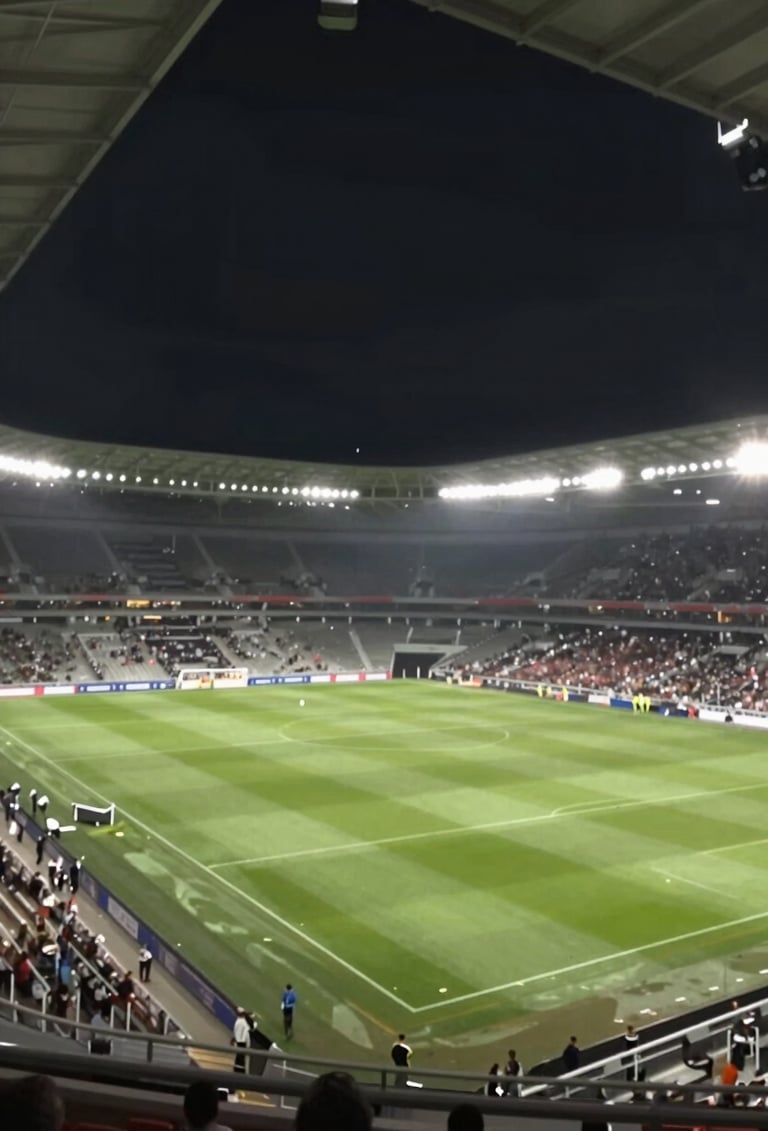 A wide-angle, low-perspective shot of a stadium during a night event. The floodlights create a dramatic flare, illuminating the pitch. Authentic atmosphere, capturing the scale of the event with tones of #0D0D0D and #8C847E.