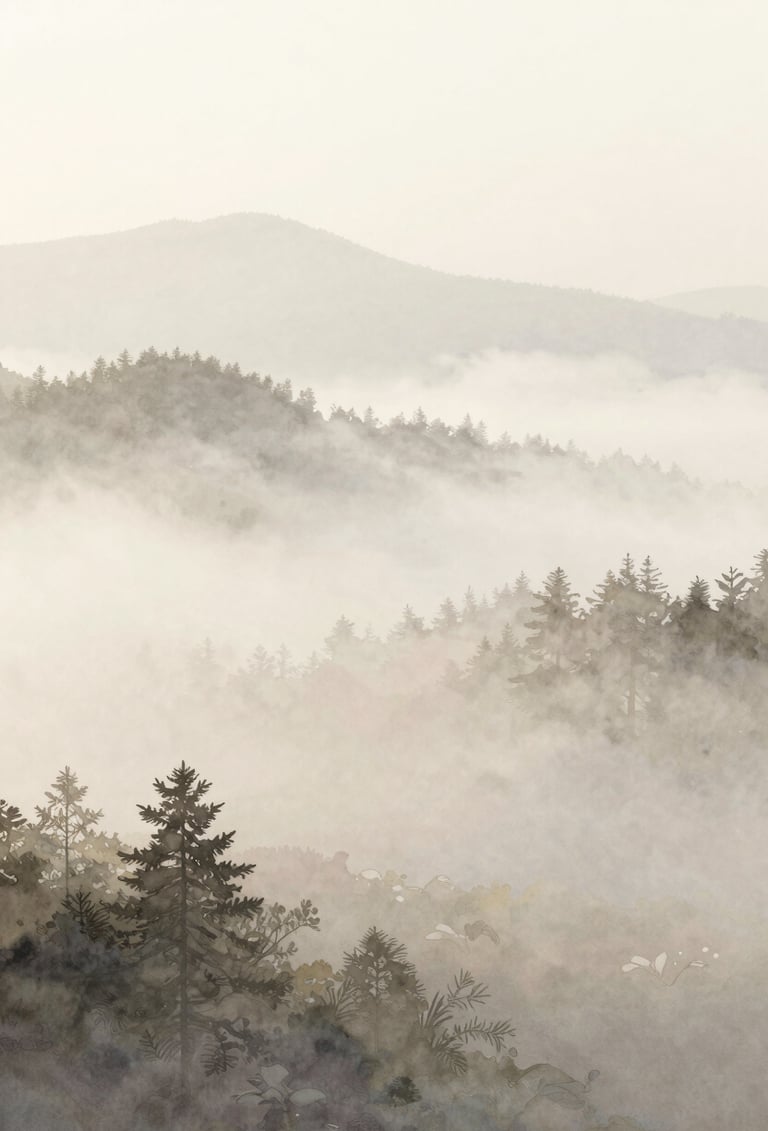 A dreamy watercolor landscape painting of a morning mist, using a palette of #A89B90 and #F5F2EF, subtle brushwork, professional and understated style.