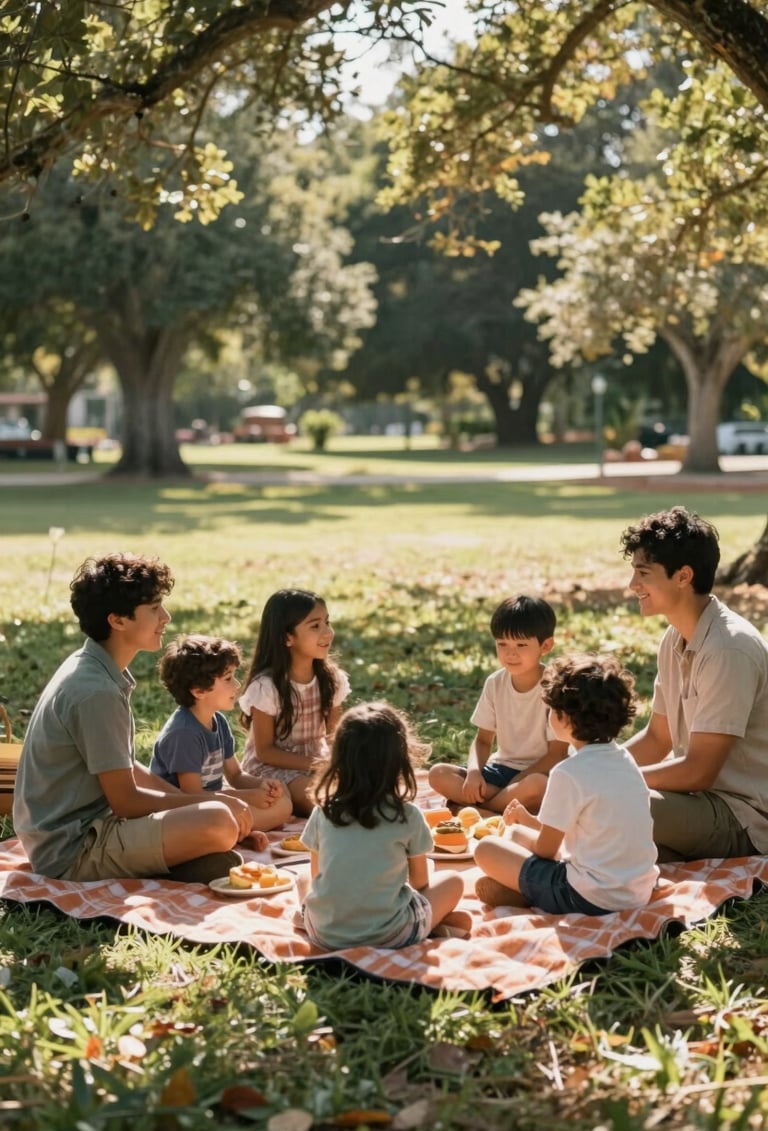 Wide cinematic shot of a young North American / US family having a picnic on a Terracotta blanket. The scene is sun-drenched with light filtering through trees, creating a warm, storytelling atmosphere.