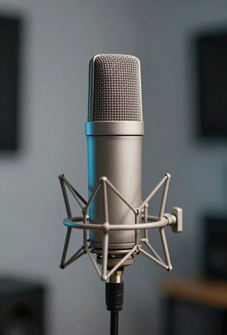 A high-end studio condenser microphone on a stand, isolated with a shallow depth of field. Professional studio environment in Spain. Artistic sophistication, using light gray and muted blue lighting to create a polished, technical look.