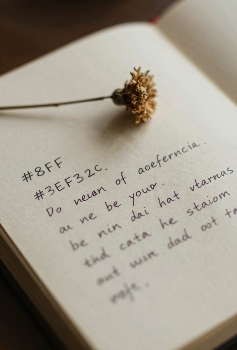 An intimate close-up shot of a hand-written journal entry on aged paper #F8F3EC. The ink is a faded charcoal #3E352B. Beside the journal lies a single dried wildflower. The image is underexposed and slightly grainy, shot with a shallow depth of field.