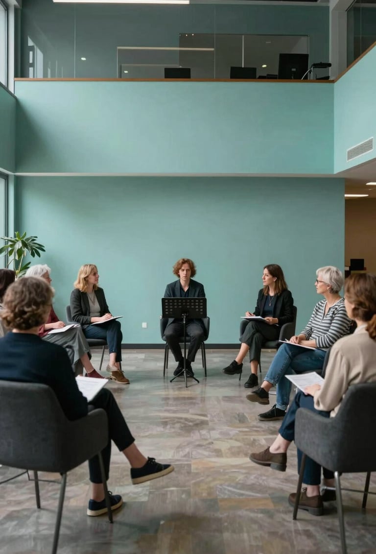 A wide-angle photograph of a solo artist conducting a music appreciation workshop for a small group of adults in a modern International / English-speaking community center. The space has Muted Turquoise accents and Dark Charcoal furniture.