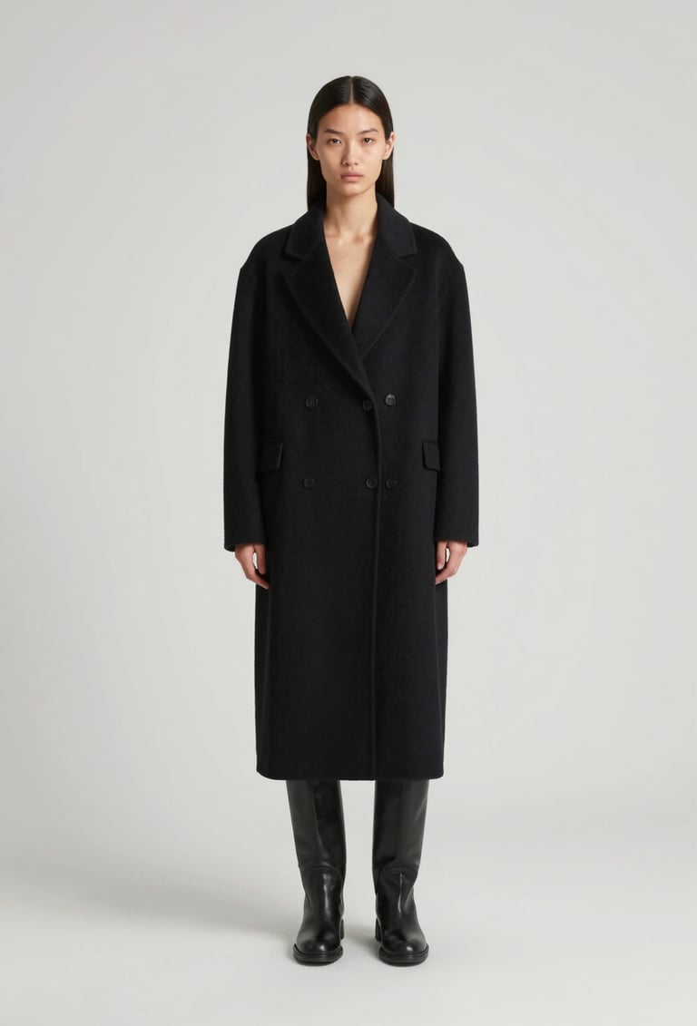 Wide shot of a minimalist architectural coat in black wool, model posing against a clean #F8F8F8 background, high-end fashion aesthetic with sharp shadows.