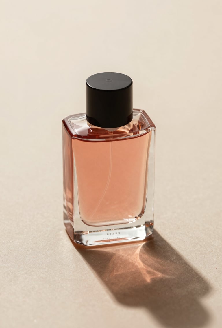 High-end product photography of a luxury perfume bottle. Hard light from the side creates a sharp, long shadow on a sand-colored #F8F4ED surface. The glass reflects hints of terracotta #A3533F. Minimalist, modern commercial style.