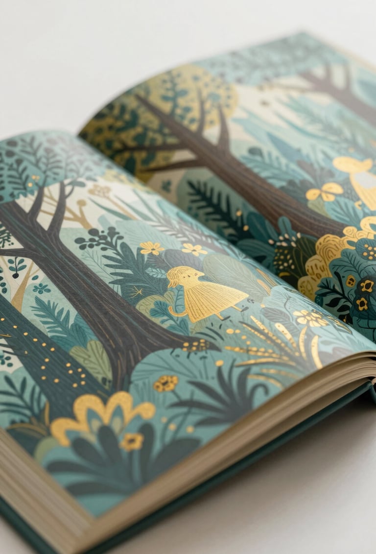 A close-up shot of an open picture book showing intricate, imaginative forest illustrations in #7A9E9F teal and #D4B281 gold tones. The paper texture is visible, lit by soft, warm sunlight. The image feels sophisticated, emphasizing the artistic quality of children's literature.