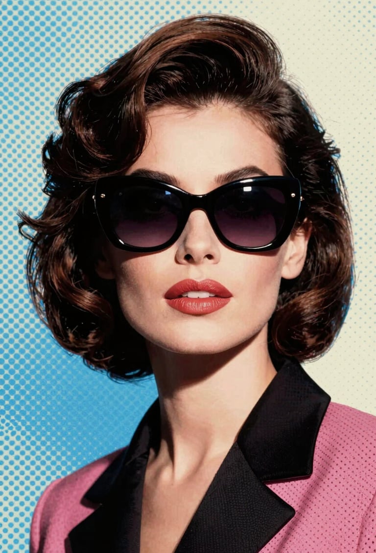Bold Pop Art composition featuring a woman in 1960s French fashion wearing large sunglasses. High contrast, sharp black lines. The background features a halftone pattern in #FDFDF5 and #0050B3. Cinematic lighting, flat aesthetic, no gradients.