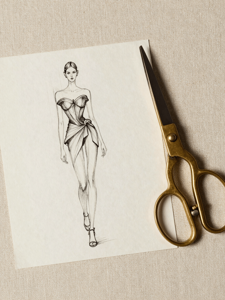 A minimalist studio flat lay of an archival fashion sketch alongside a vintage brass scissor, placed on a light warm beige textured linen background. Editorial composition, soft shadows, haute couture legacy vibe.