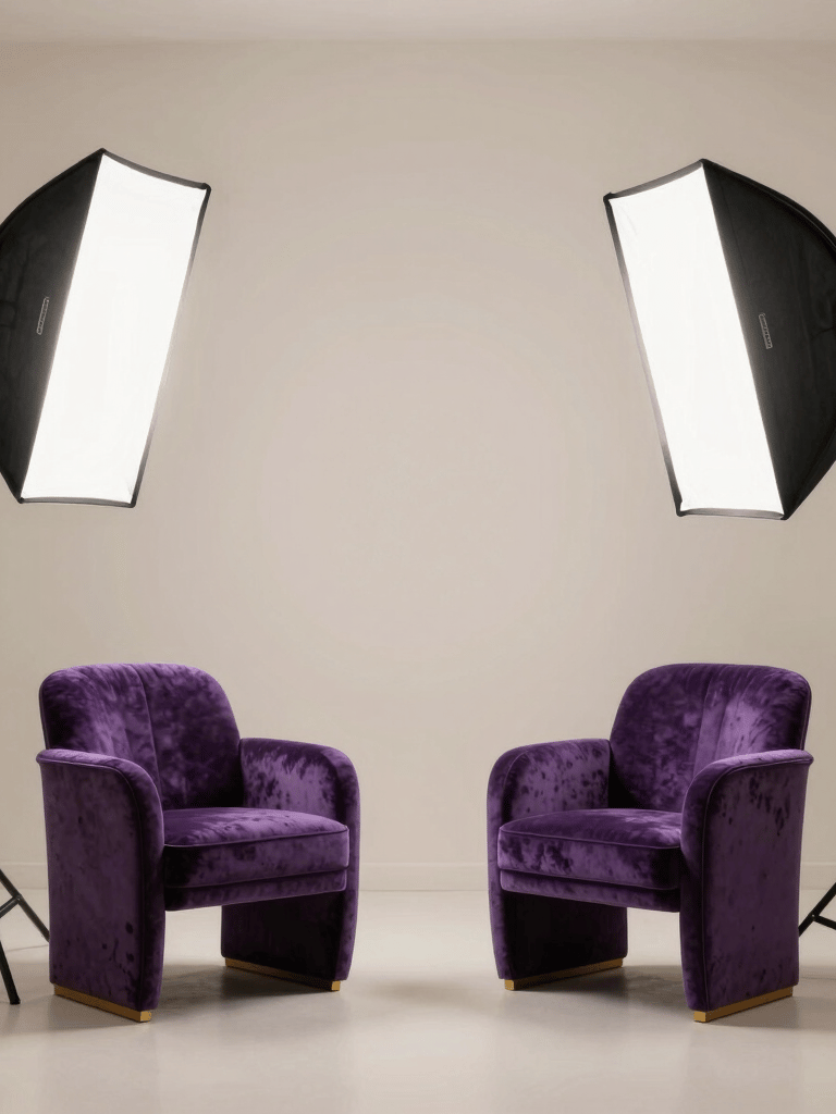 An elegant professional home studio setup in the Middle Eastern / Gulf region, featuring Amethyst purple velvet chairs, professional photography lighting with softboxes, and a minimalist Light Beige wall background, very luxurious.