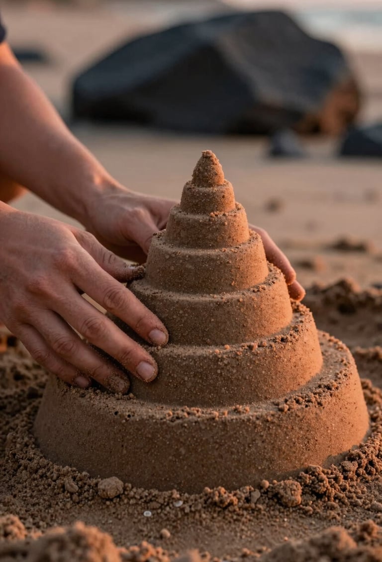 A candid close-up of hands gently shaping a smooth, spiraling sand sculpture. The texture of the damp, soft sand is highly detailed, illuminated by a warm terracotta glow from the setting sun. Cinematic shallow depth of field with a blurred charcoal rock background.