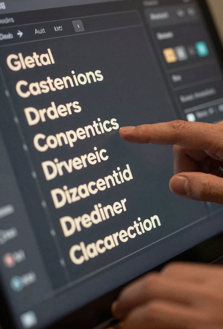 Close-up photography of a high-end digital interface with ivory text on a charcoal background, soft focus on hands interacting with a screen in a professional North American creative studio.