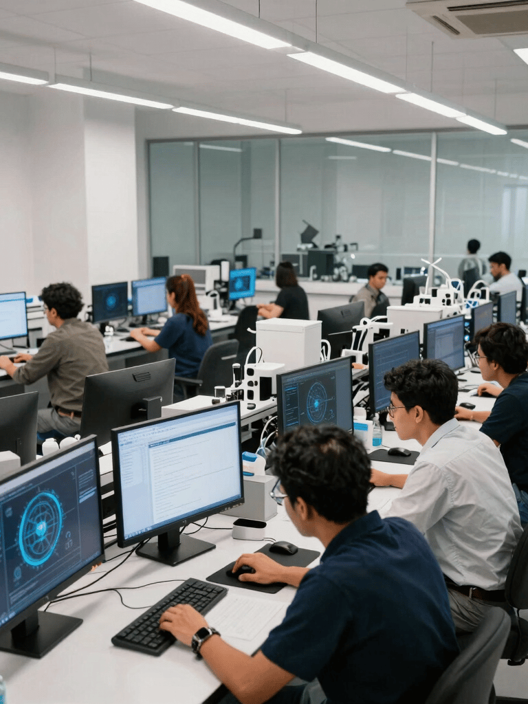 A wide documentary-style photograph of a collaborative modern research lab in Mexico City. Diverse engineers are analyzing online threat patterns on glowing monitors, in a bright space with white walls and sleek glass partitions.