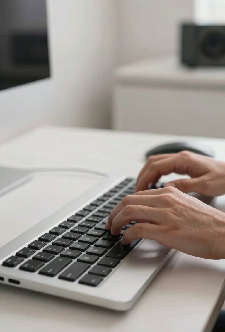 Close-up photography of a professional artist's hands working on a high-end keyboard in a modern North American / US studio. The workspace is clean with soft crisp off-white walls and cool silver grey accents.