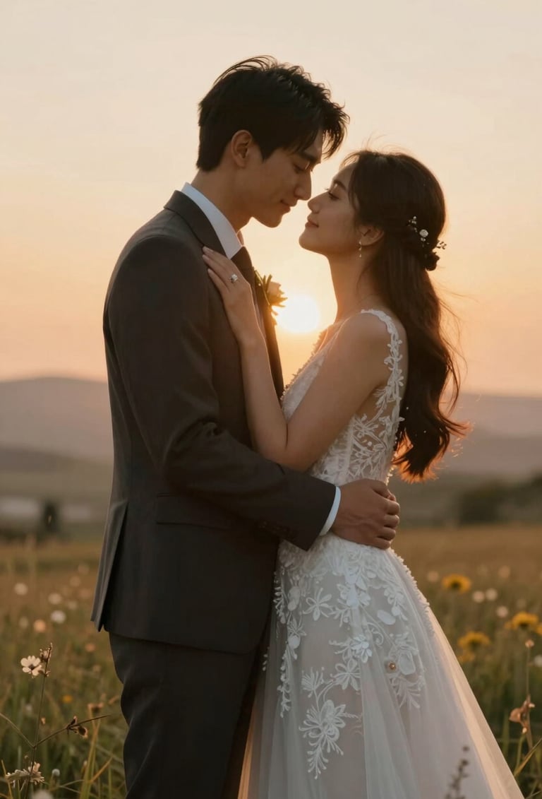 A timeless portrait of a wedding couple embracing in a field at sunset, artistic lighting highlighting the texture of the white lace dress and the groom's #3A3335 suit, warm and heartfelt mood.