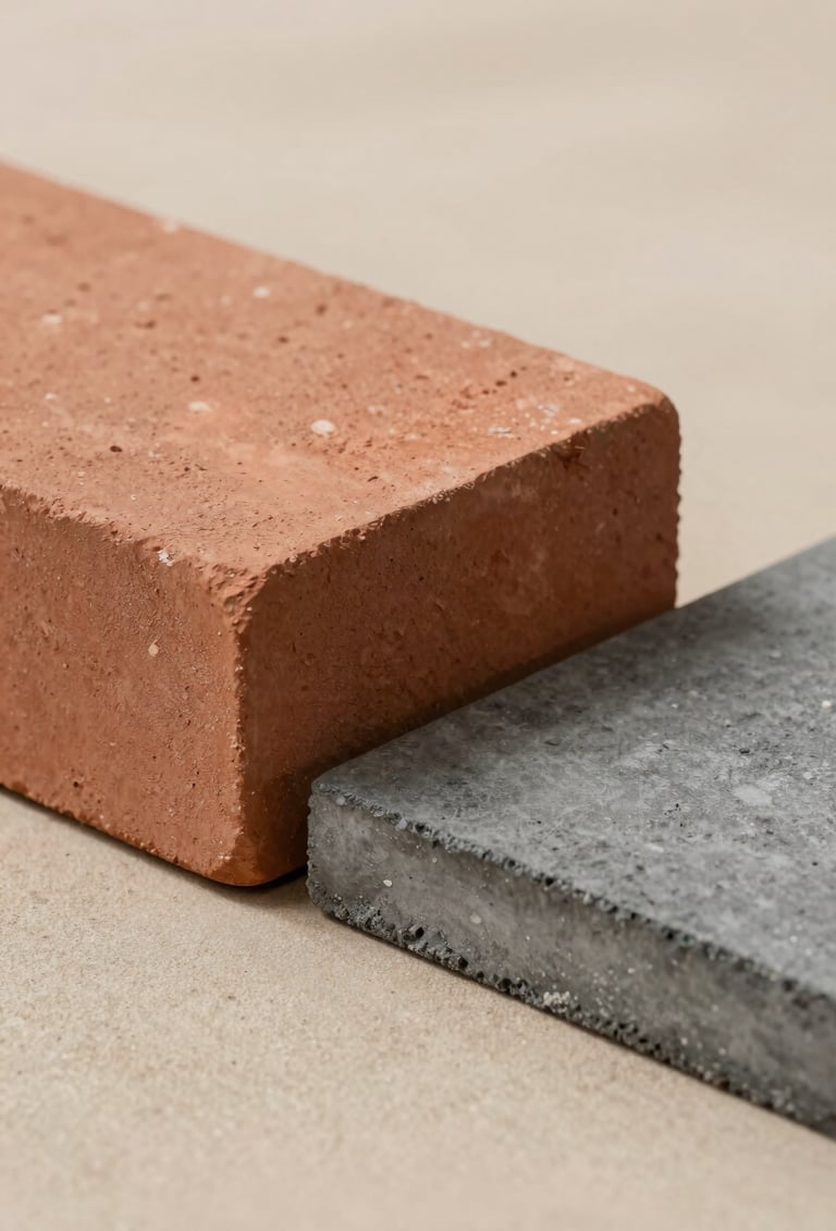 Close up shot of raw architectural materials: a block of Terracotta textured stone next to a smooth Charcoal concrete slab. Soft side lighting on a Soft Sand background.