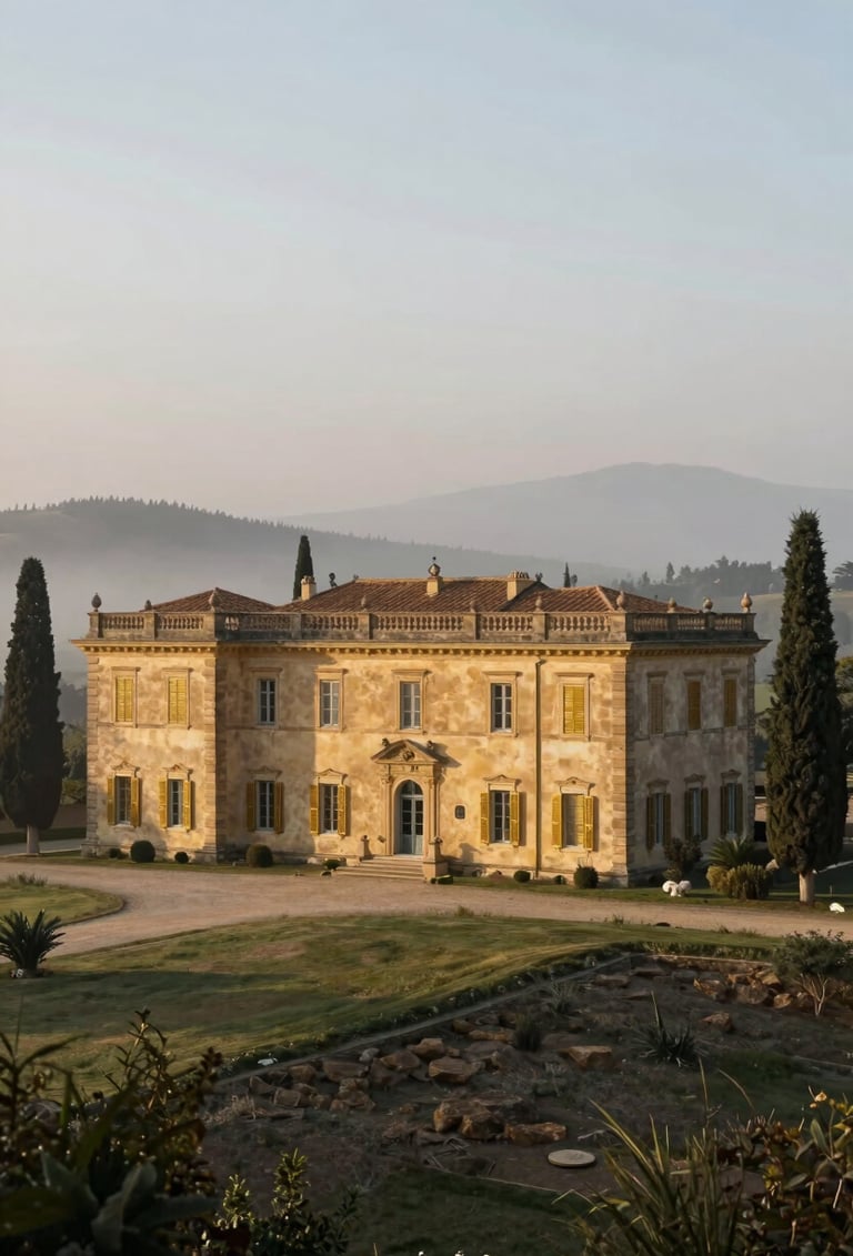 A wide, cinematic shot of a historic villa estate in the International / Global Art Scene countryside. The architecture features Soft Sand Gold stone and Muted Antique Gold shutters, surrounded by cypress trees under a soft morning mist.