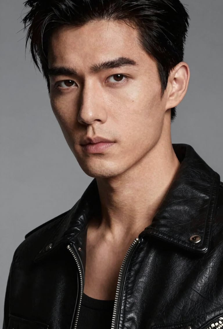 Medium close-up of a male model with sharp features, lit with high-contrast silver grey tones. He is wearing a jet black leather jacket. The mood is sophisticated and mysterious, characteristic of a high-end fashion magazine cover.