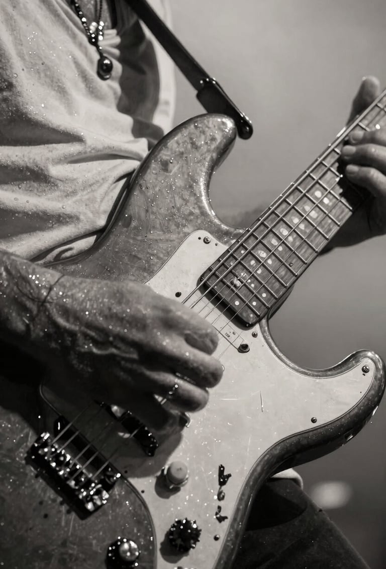Extreme close-up photography of a musician's hands playing a dark electric guitar, sweat glistening under stage lights, high contrast between anthracite shadows and off-white highlights, raw energy, Western European / Dutch setting.