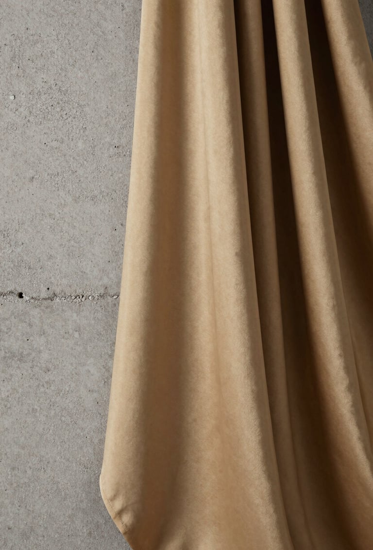Close-up photography of a set design detail featuring raw concrete textures juxtaposed with flowing silk fabrics in muted gold. Sharp focus on the interplay of light and texture. Elegant and avant-garde style, professionally lit in a French studio.