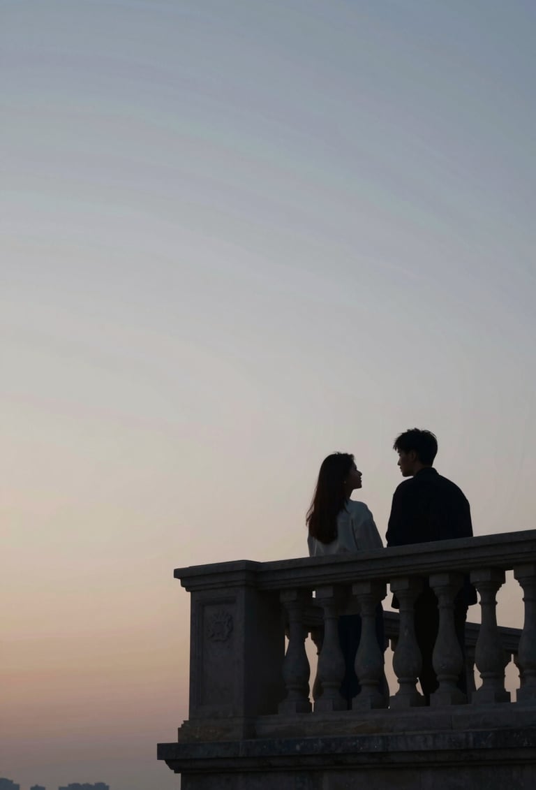 A wide cinematic still of a couple sharing a quiet moment on a stone balcony at dusk. Deep #20232B shadows contrast with a soft #F7F5F0 sky. Artistic lighting with a contemporary, high-fashion flair.