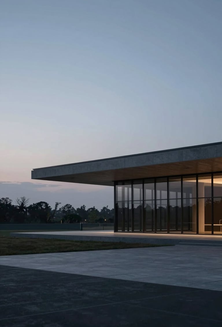 A wide cinematic landscape shot of an architectural structure at dusk. The sky has a soft #4A616F blue-grey hue. The lighting is moody and premium, emphasizing clean lines and a contemporary aesthetic typical of Pixell Studio's portfolio.