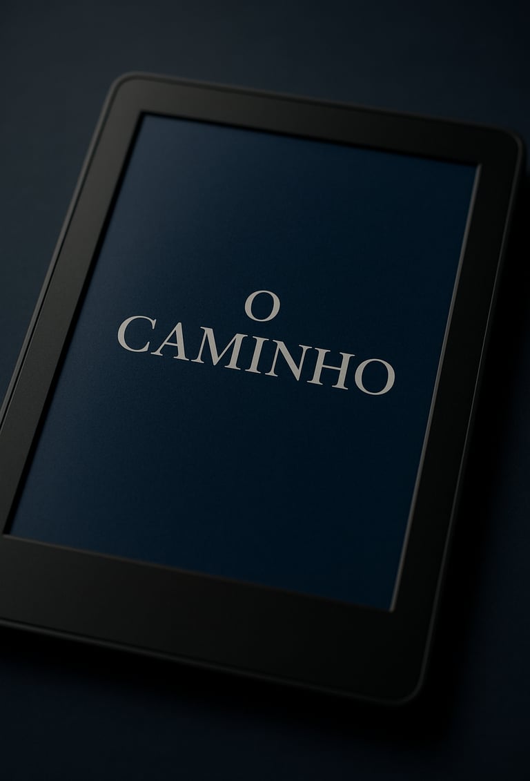 Close up photography of a high-end e-book reader screen showing a minimalist title 'O Caminho' with sophisticated typography, deep blue and dark navy aesthetic, professional studio lighting.