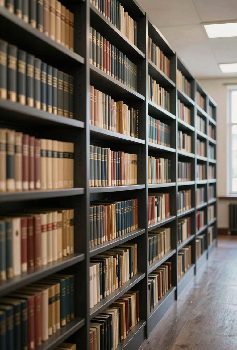An architectural view of a quiet university archive hallway with tall charcoal shelves. The lighting is soft and natural, highlighting the textures of aged paper and antique gold details on book spines.