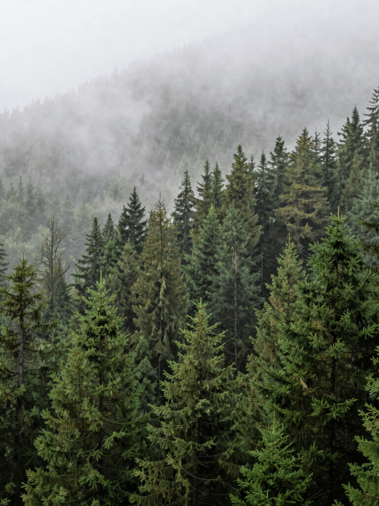 A wide-angle landscape photograph of a misty evergreen forest in the Pacific Northwest, US. Deep forest green trees fade into a light sage fog. Immersive, tranquil, and modern photography style.