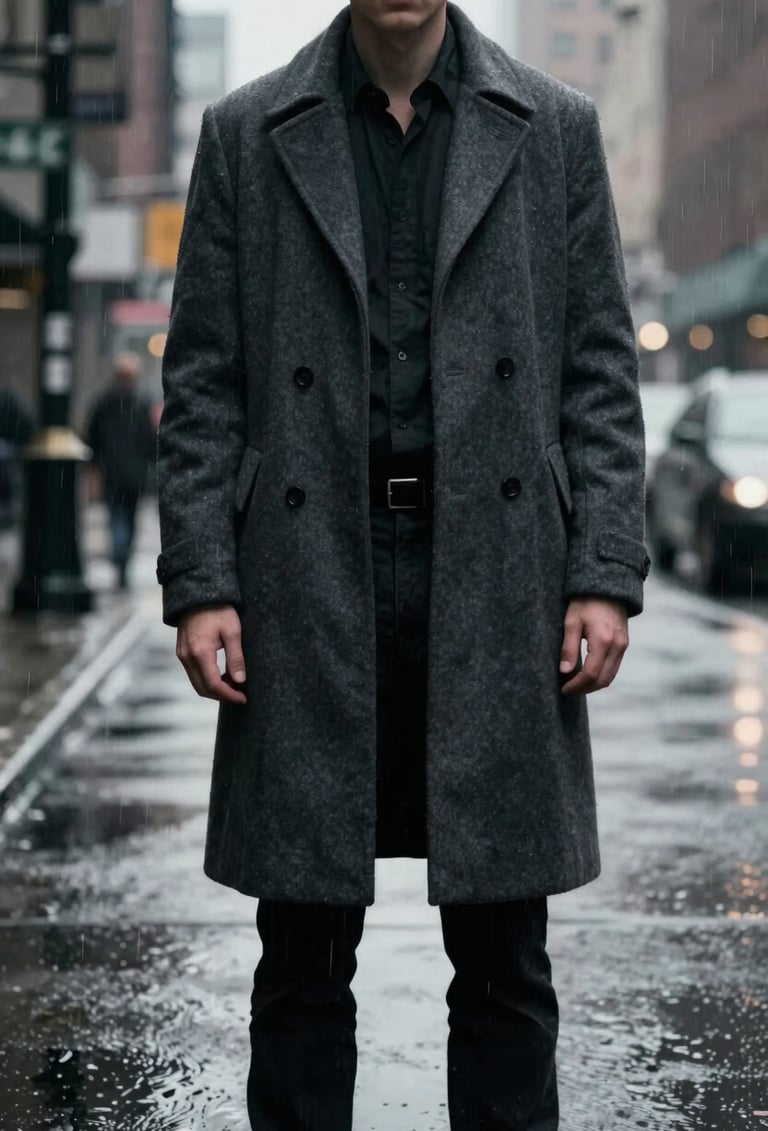 A dramatic movie poster for a thriller featuring a single figure in a charcoal gray coat on a rainy North American / US city street, high contrast, slate gray atmosphere, cinematic noir style.