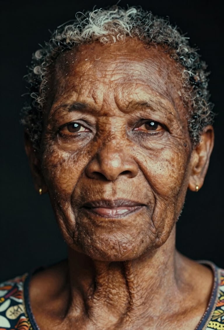 Close-up portrait of an elderly Angolana woman with a wise expression, skin textures highlighted by soft gold light, deep black background, cinematic 35mm film style.