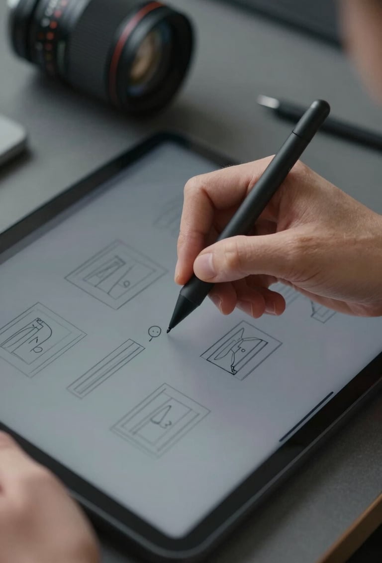 A close-up of a designer's hand using a stylus on a tablet to sketch wireframes in a professional North American / US studio, featuring soft light grey and deep charcoal grey tones.