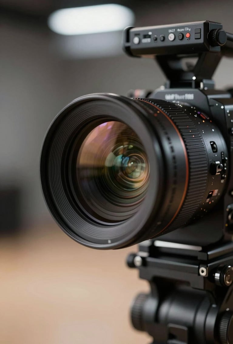 Close up of a professional 4K cinema camera lens reflecting a studio light, with a blurred background of a modern production studio featuring Soft Sand and Charcoal tones.