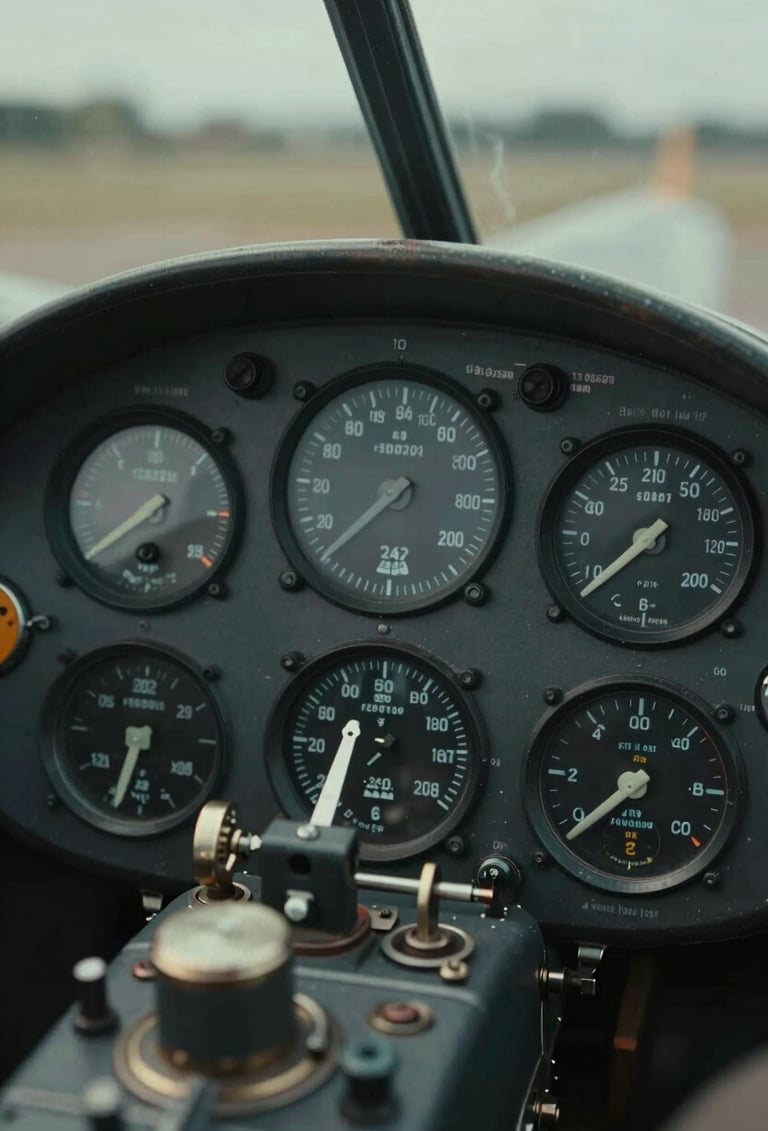 Detailed shot of the Spitfire cockpit instruments, showing weathered dials and precision mechanical parts. Moody lighting with #5D6D7E tones and metallic textures. Exclusive heritage feel.