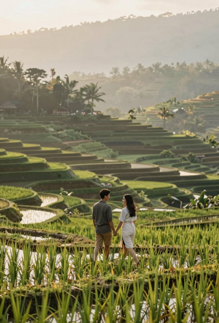 A wide, emotive shot of a couple walking through a Tegalalang rice terrace in the morning light. The composition is clean and elegant, emphasizing the connection and the vast green landscape with warm sunlight reflecting off water. Uses a palette of #8F6E5F and #F8F4F0 in the sky.