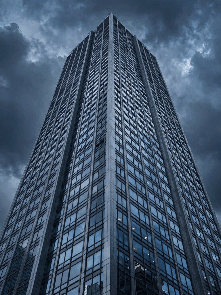 A dramatic low-angle shot of a sleek skyscraper reflecting a dark blue stormy sky. The lighting is moody and clean, emphasizing the sharp architectural lines in slate and steel blue colors. International / Western city architecture.