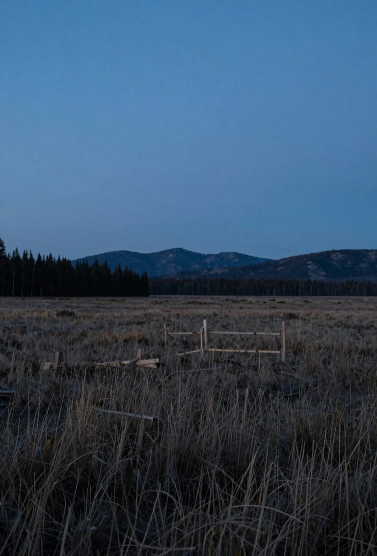 A cinematic wide shot of a North American landscape during the blue hour, captured as a still from a documentary film. The composition is clean and modern with a cool, thought-provoking mood.