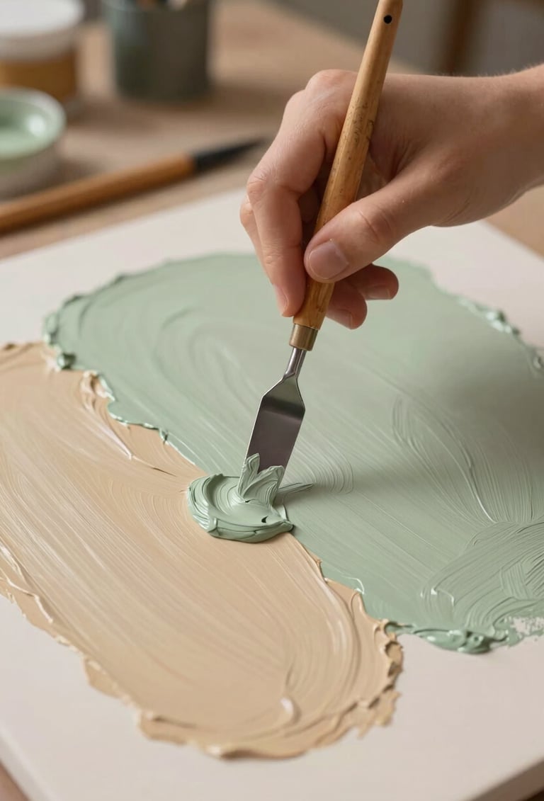 A close-up photograph of a student's hands skillfully using a palette knife to apply thick oil paint in shades of sand and sage green onto a canvas. The setting is a clean, professional art studio in North America / US. Soft, warm lighting creates an inspiring and educational mood.