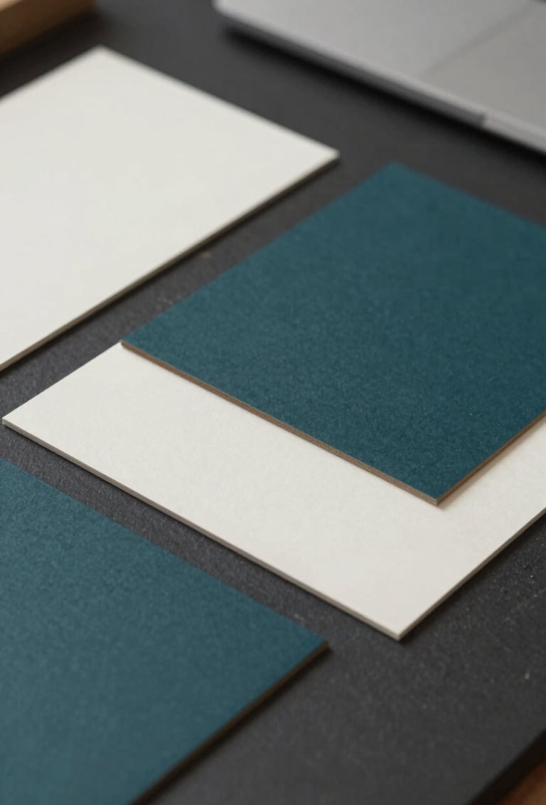 A close-up of high-quality sustainable paper samples and editorial proofs arranged on a dark, refined desk. The lighting is focused and intellectual. Colors incorporate dark teal and off-white textures.
