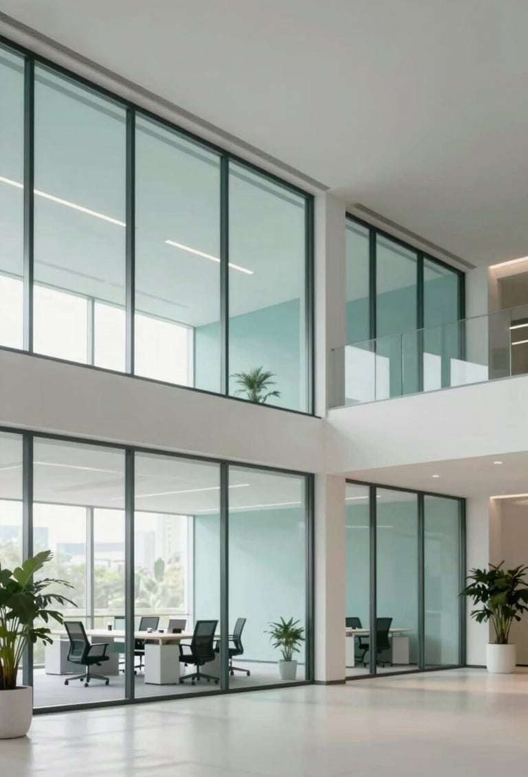 A large-scale, high-resolution architectural shot of a minimalist office space. The design features clean lines, expansive glass, and a subtle incorporation of indoor plants. The lighting is soft and even, highlighting the brand colors of muted teal (#3F5E5C) and off-white (#F0F4F4).
